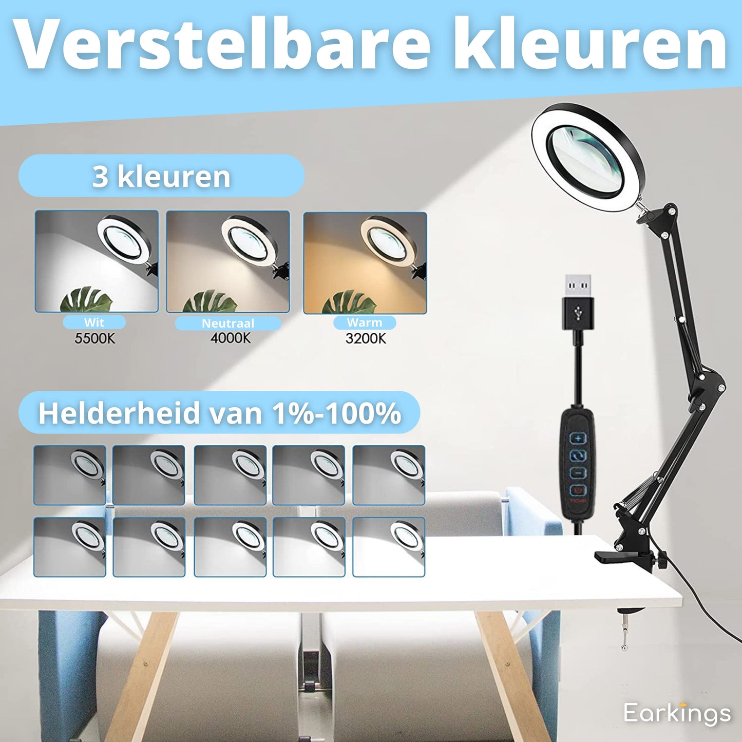 Magnifying Glass Lamp with Lighting and Table Clamp and 3 Light Colors - White
