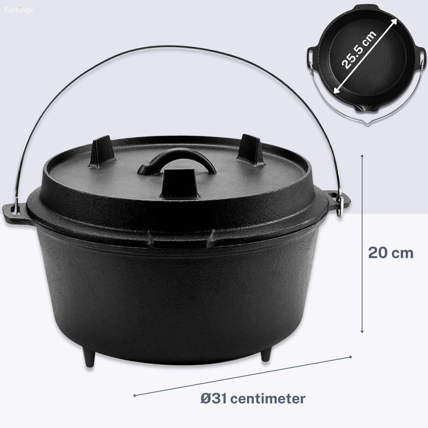 KitchenMonster® Dutch Oven Cooking Pot - Cast Iron Pan Ø29 with Lid 9 Liter