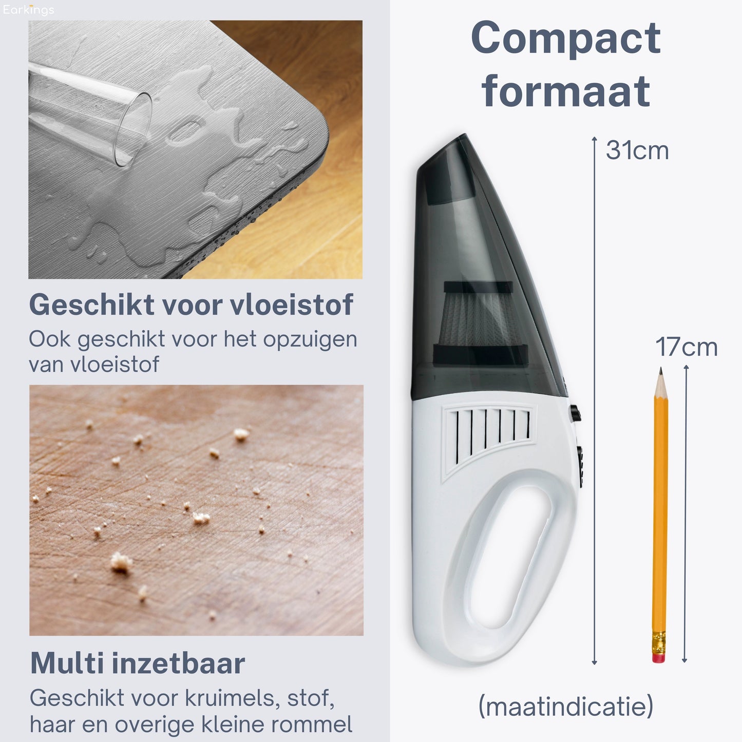 Kruimeldief Stofzuiger Snoerloos met 3 Opzetstukken incl. HEPA Filter