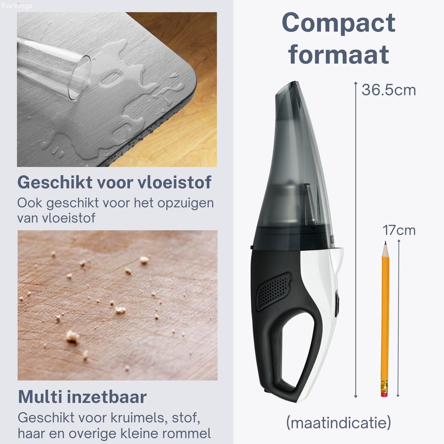 Kruimeldief Stofzuiger Snoerloos 3 Opzetstukken 8kPa