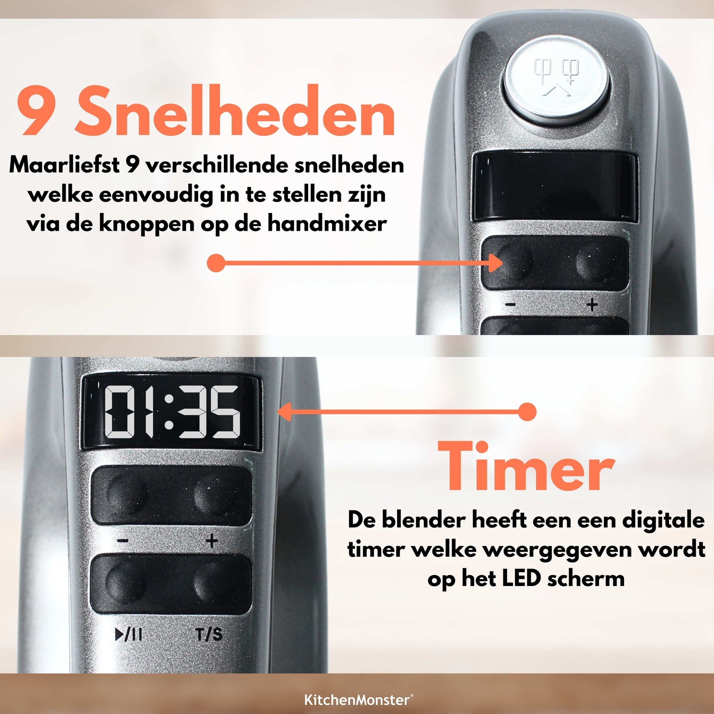 KitchenMonster® Handmixer - Mixer met 9 Snelheden en Timer - 2 Kloppers & 2 Deeghaken & Garde & Opbergbak - Earkings