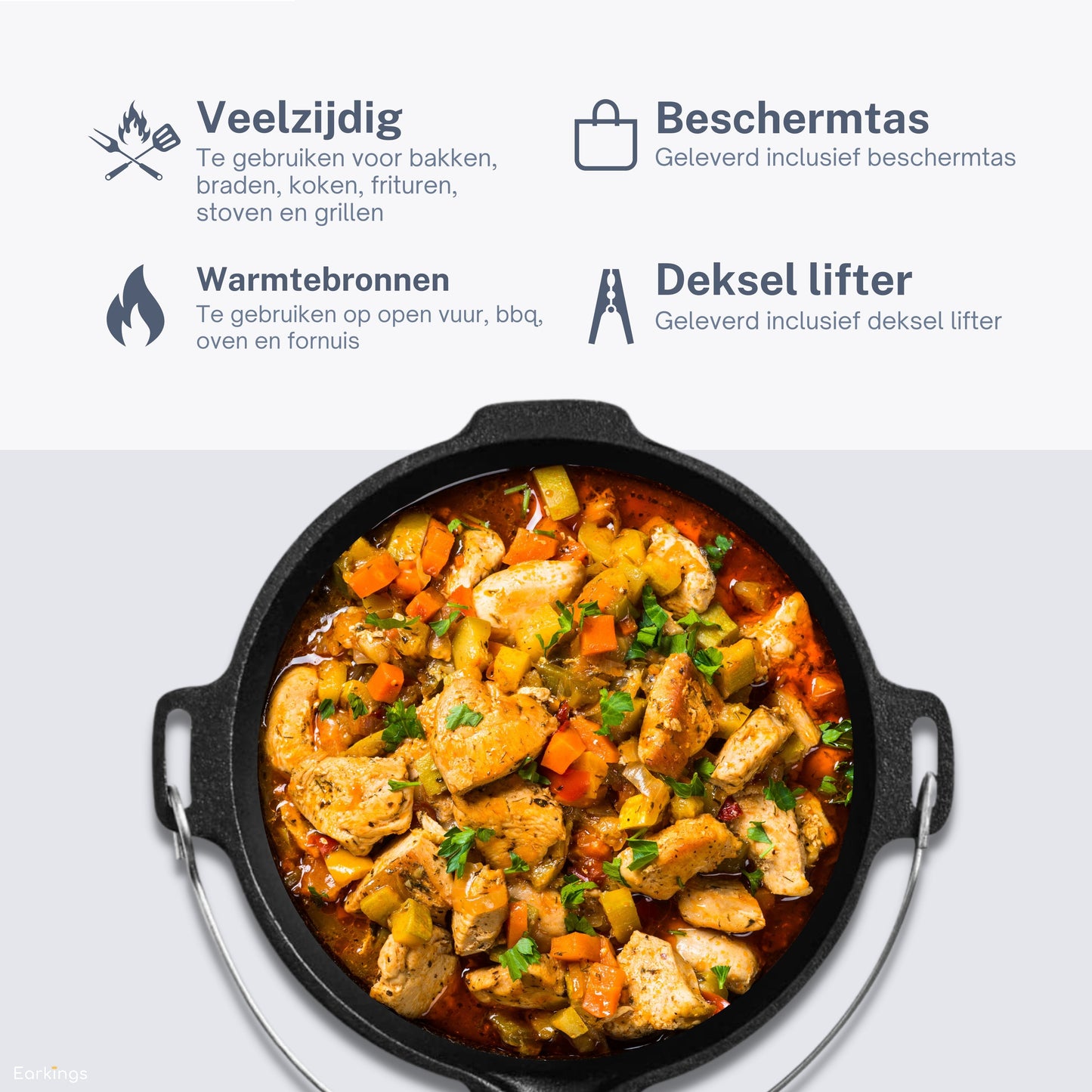 KitchenMonster® Dutch Oven Cooking Pot - Cast Iron Pan Ø29 with Lid 9 Liter
