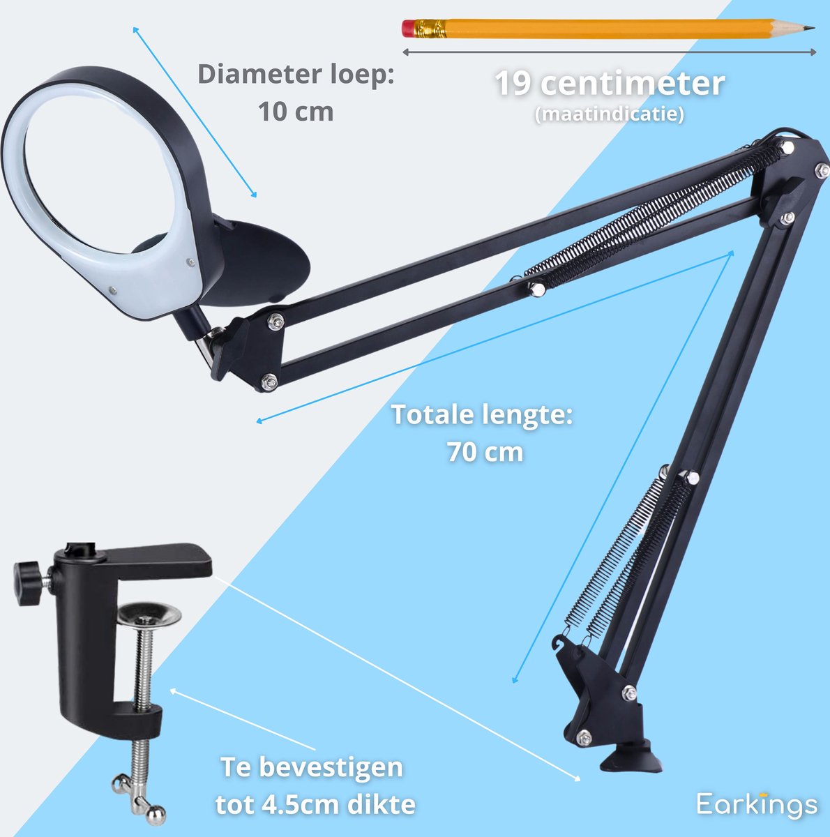 Loeplamp Vergrootglas met Verlichting en Tafelklem en 3 Lichtkleuren - Earkings