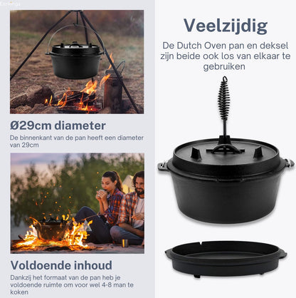 KitchenMonster® Dutch Oven Kookpan - Gietijzeren Pan Ø29 met Deksel 9 Liter