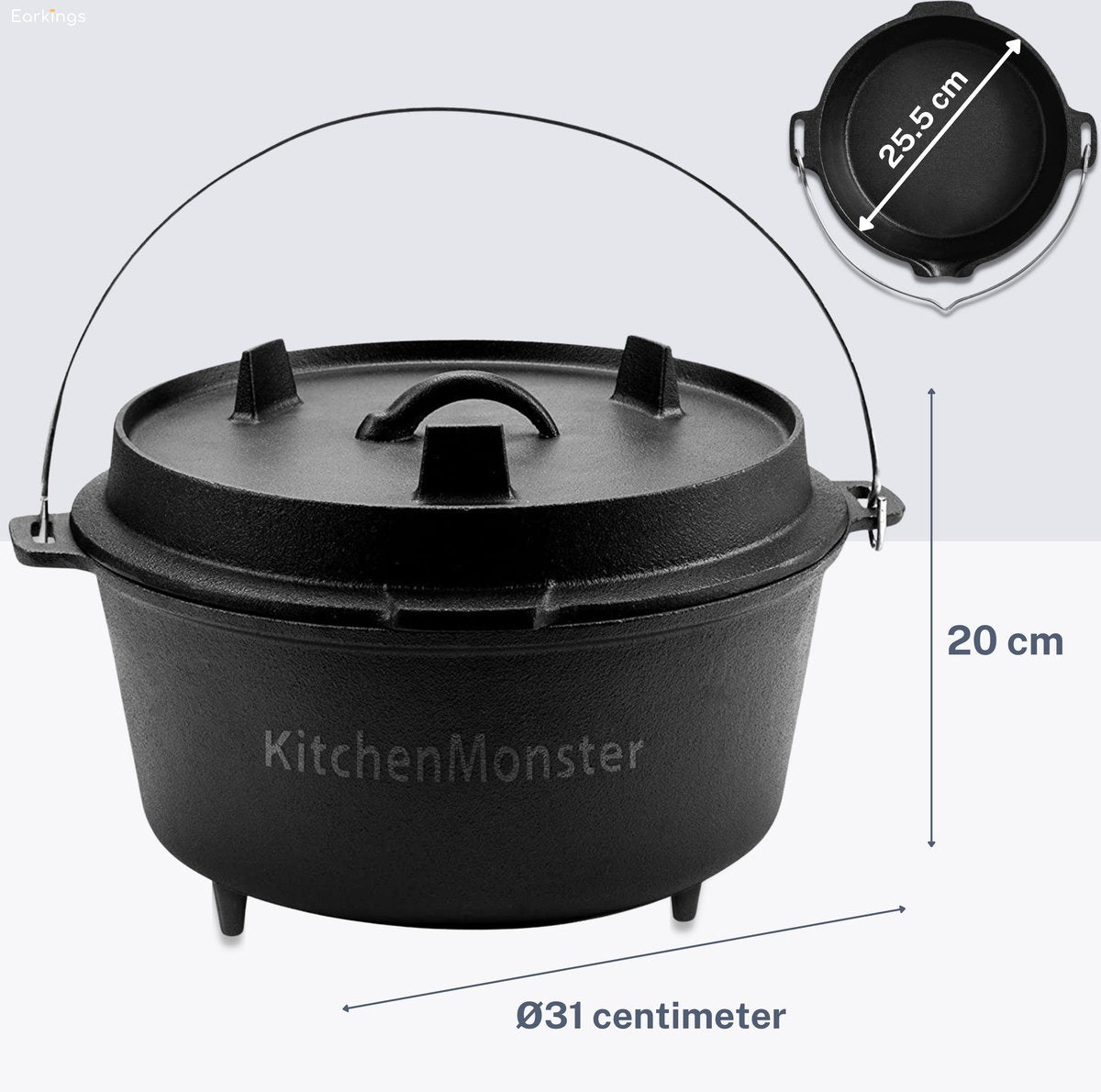 KitchenMonster® Dutch Oven Kookpan - Gietijzeren Pan Ø25.5 met Deksel 5 Liter