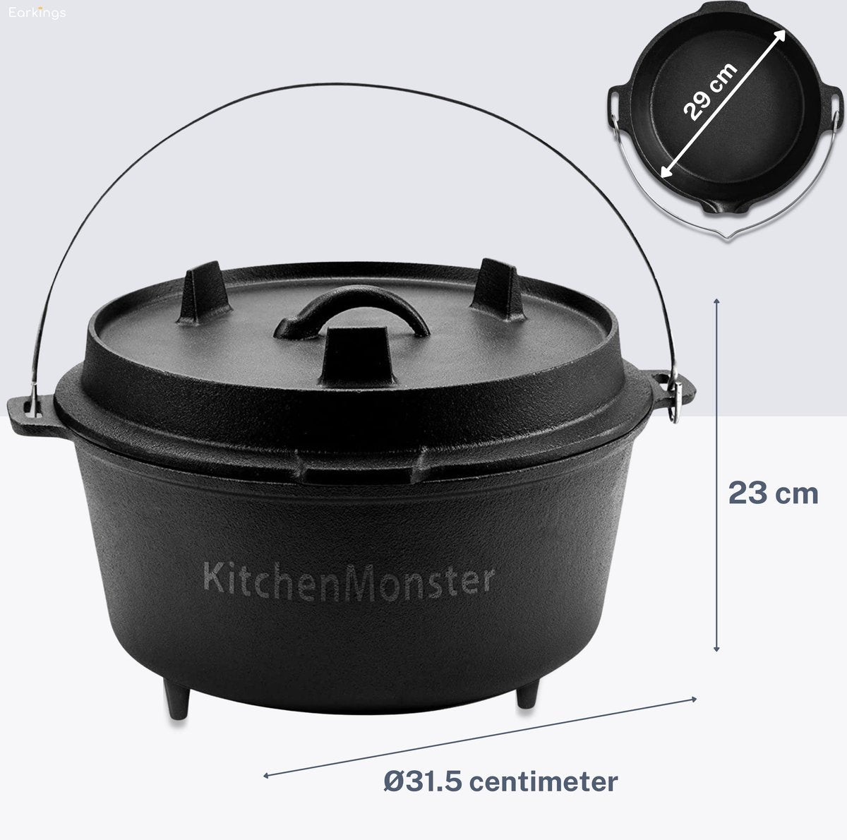 KitchenMonster® Dutch Oven Kookpan - Gietijzeren Pan Ø29 met Deksel 9 Liter