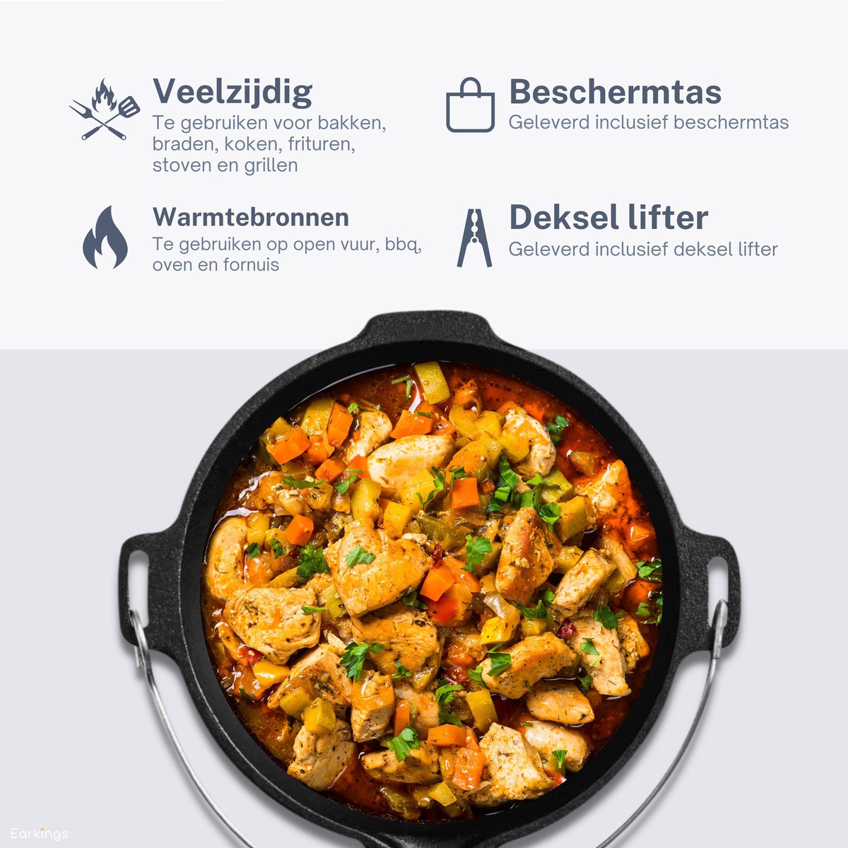 KitchenMonster® Dutch Oven Kookpan - Gietijzeren Pan Ø29 met Deksel 9 Liter