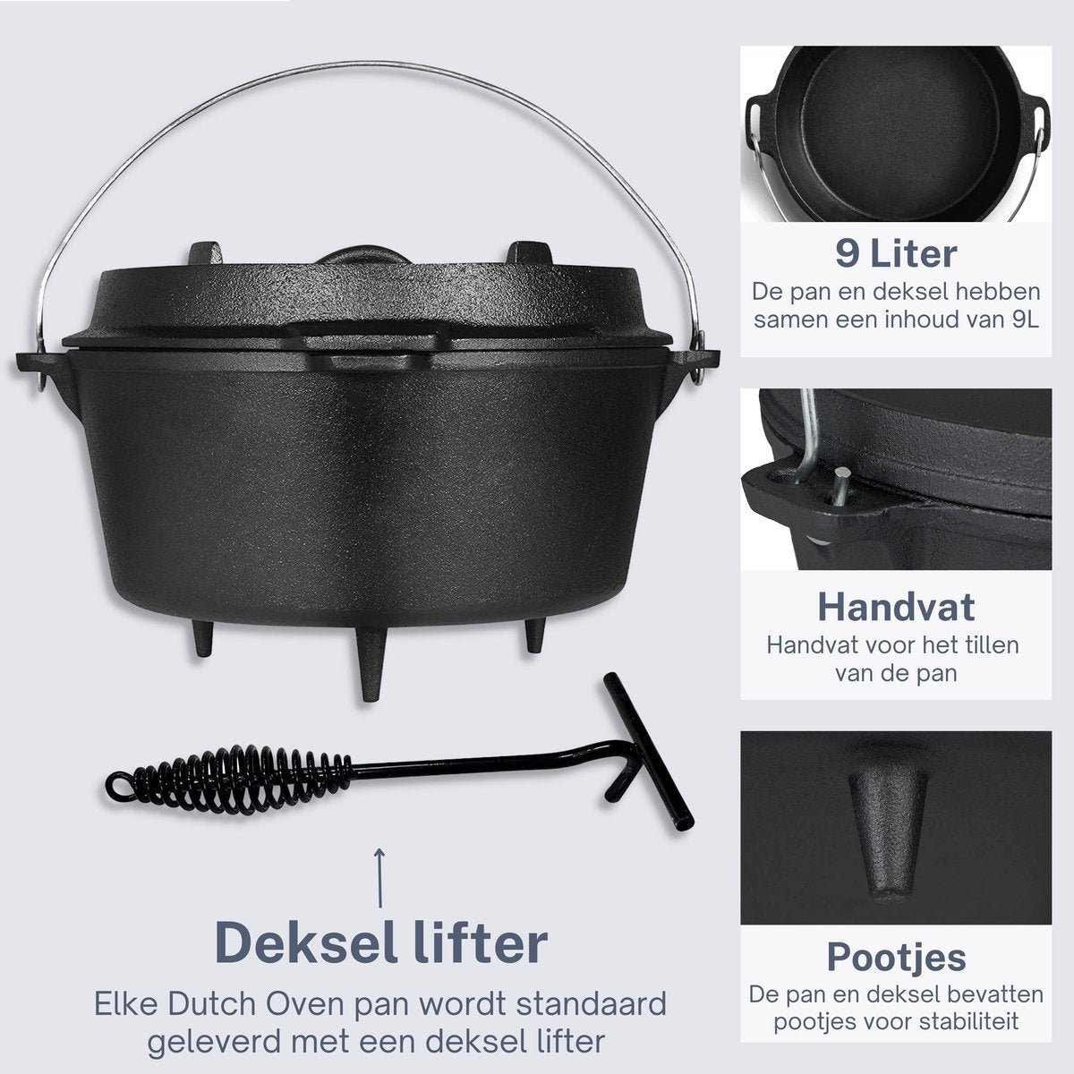 KitchenMonster® Dutch Oven Kookpan - Gietijzeren Pan Ø29 met Deksel 9 Liter