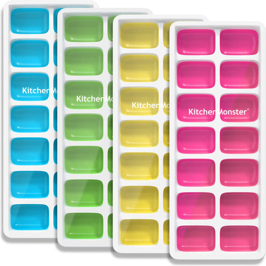 KitchenMonster® Ice Cube Tray for Ice Cubes - Ice Cube Tray with Lid Silicone Blue, Green, Yellow, Pink