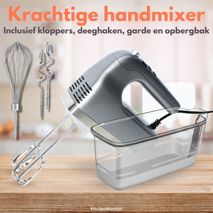 KitchenMonster® Handmixer - Mixer met 9 Snelheden en Timer - 2 Kloppers & 2 Deeghaken & Garde & Opbergbak