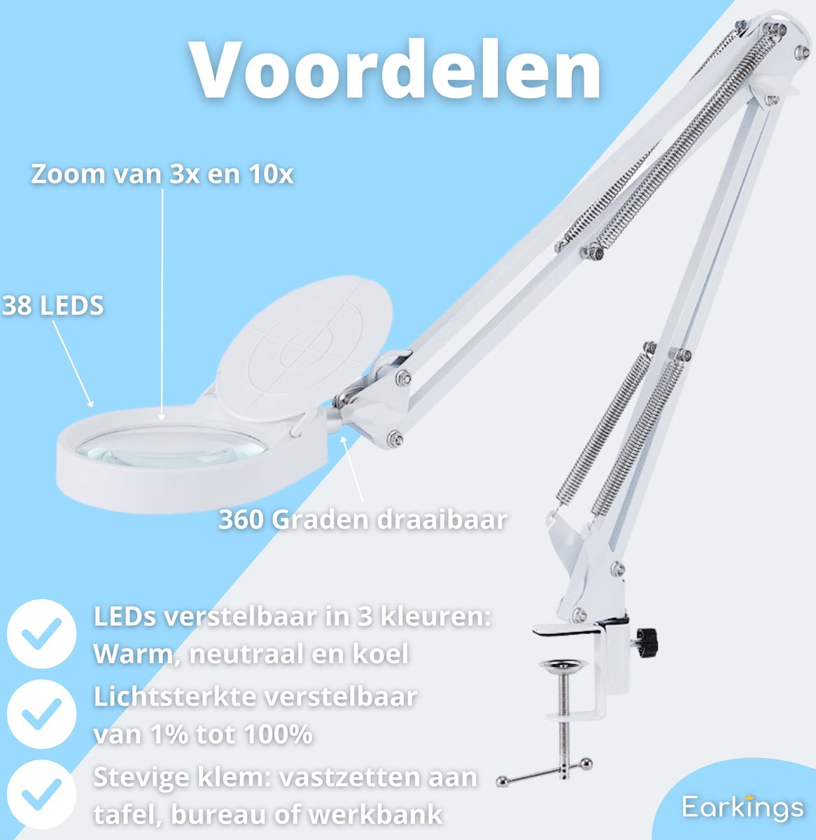 Loeplamp Vergrootglas met Verlichting en Tafelklem en 3 Lichtkleuren - wit