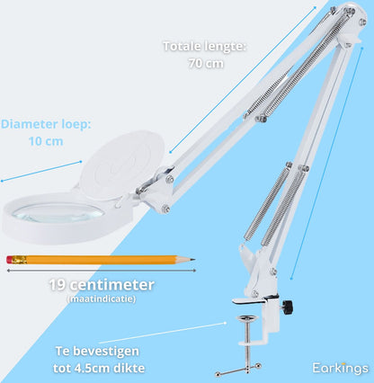 Loeplamp Vergrootglas met Verlichting en Tafelklem en 3 Lichtkleuren - wit