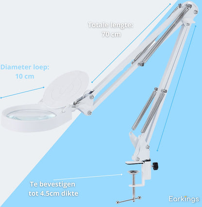 Loeplamp Vergrootglas met Verlichting en Tafelklem en 3 Lichtkleuren - wit