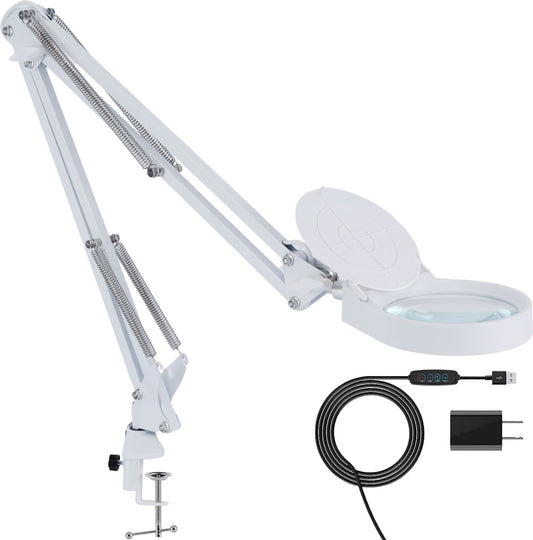 Magnifying Glass Lamp with Lighting and Table Clamp and 3 Light Colors - White