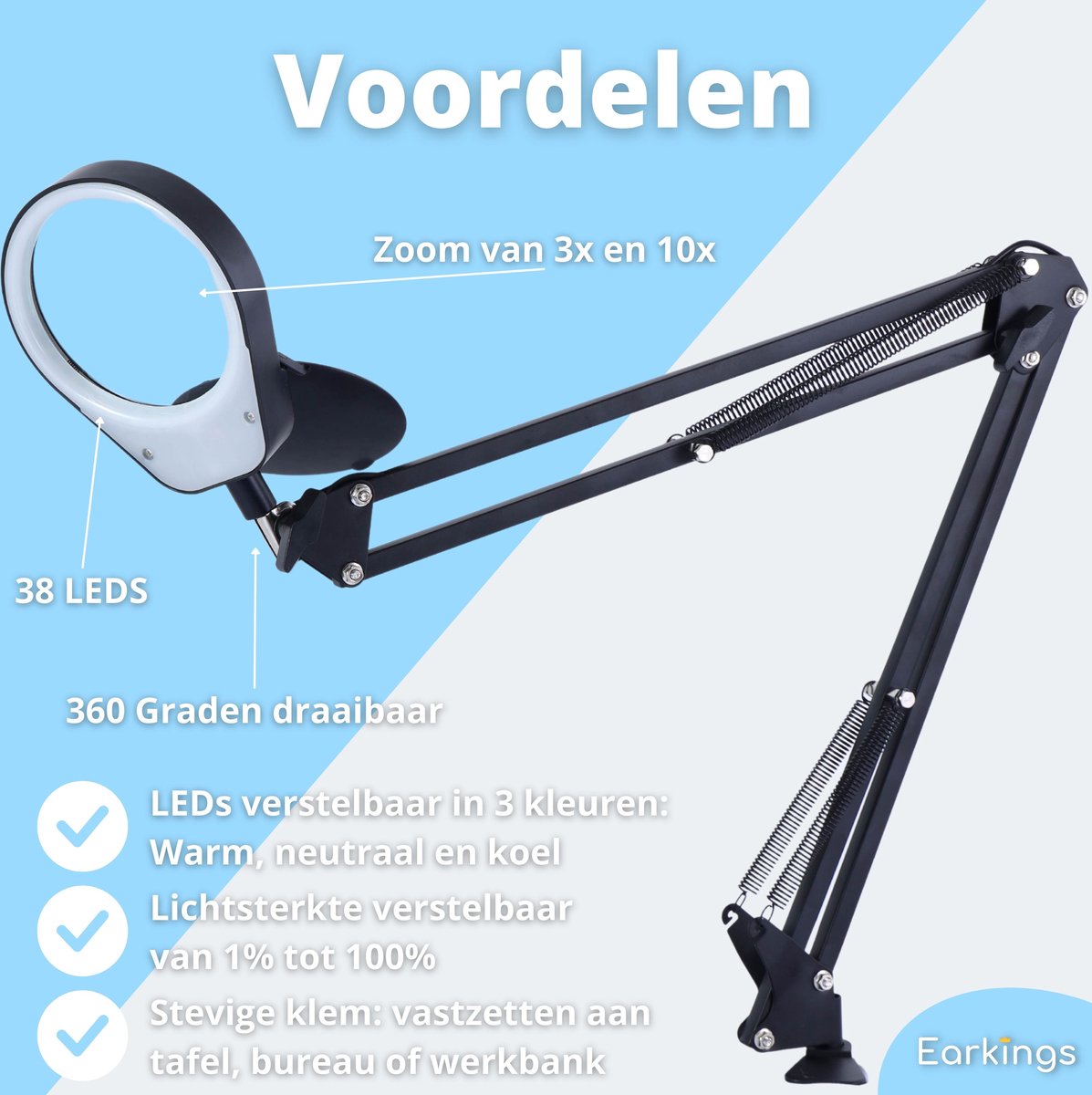 Loeplamp vergrootglas met LED verlichting en tafelklem - wit Loeplamp vergrootglas met LED verlichting en tafelklem - wit