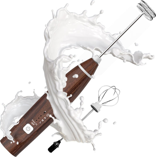 Premium Milk Frother Rechargeable - Including 2 Attachments - Wood