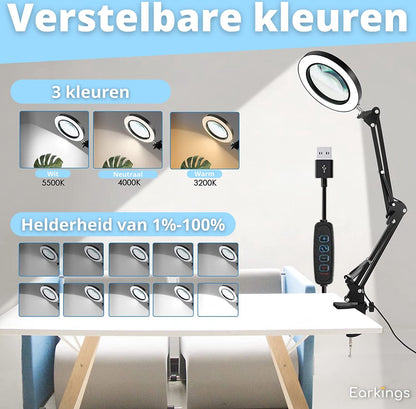 Loeplamp Vergrootglas met Verlichting en Tafelklem en 3 Lichtkleuren - wit